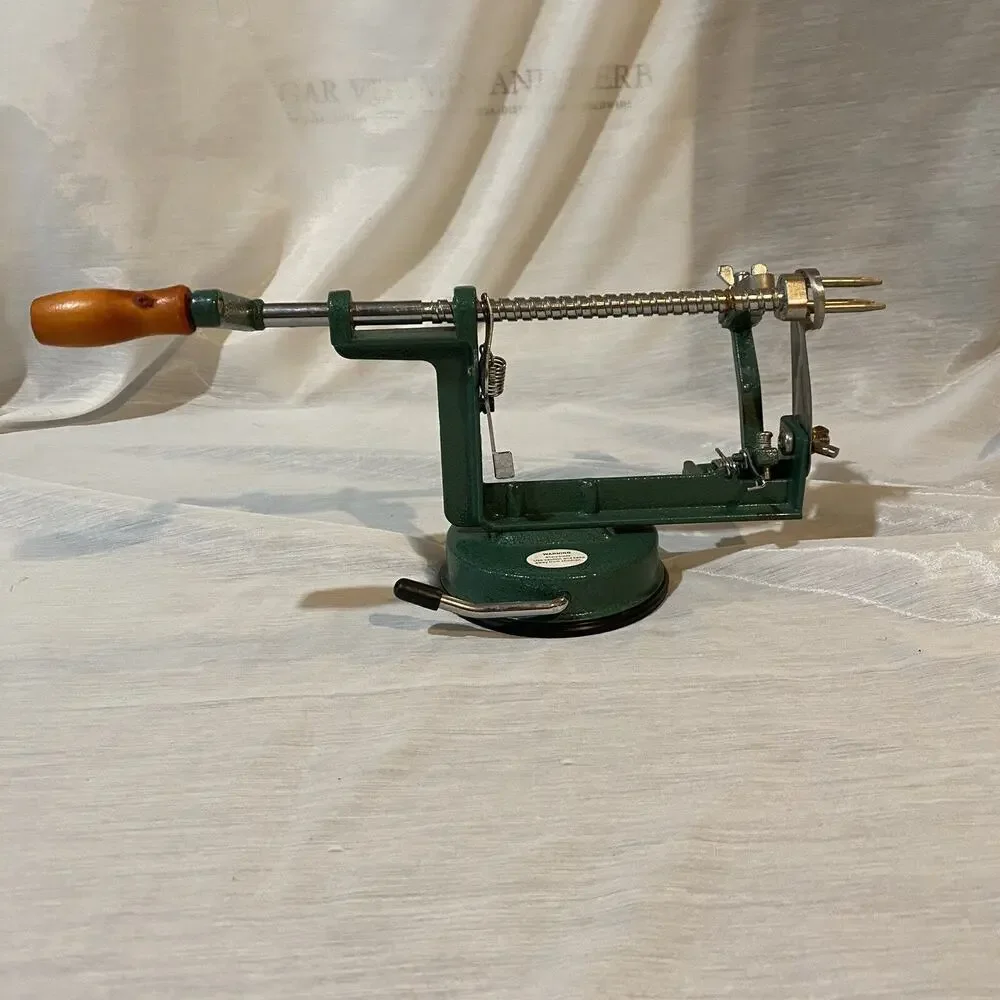 Vintage Green Metal Hand Crank Apple Peeler Corer with Locking Suction Base